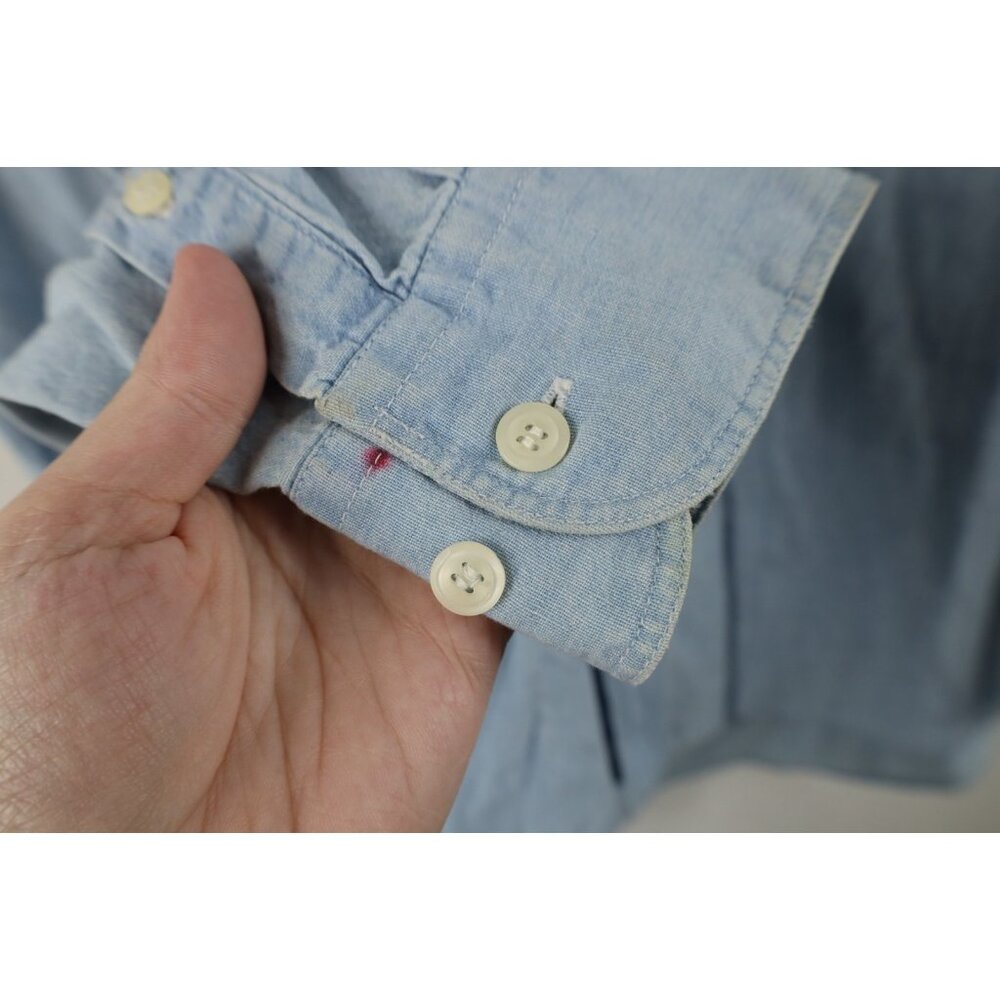 Vtg 90s Gap Mens Medium Distressed Denim Jean Collared Button Down Shirt Blue - Picture 6 of 13